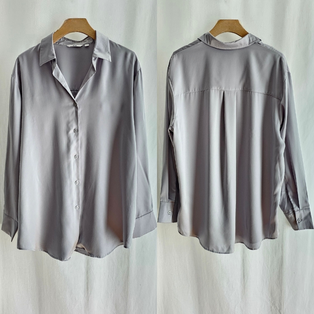 🇯🇵 Uniqlo Long Sleeve Grey Satin Button Blouse - Picture 9 of 16